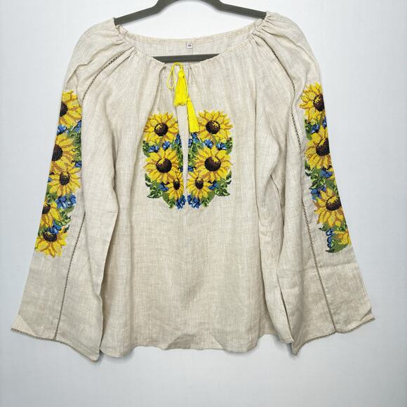 Needlepoint Yellow Sunflower Peasant Blouse Womens 46/XL Drawstring Neckline - Picture 12 of 12